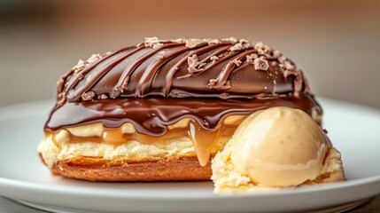 Gourmet Eclair with Vanilla Ice Cream and Chocolate Topping
