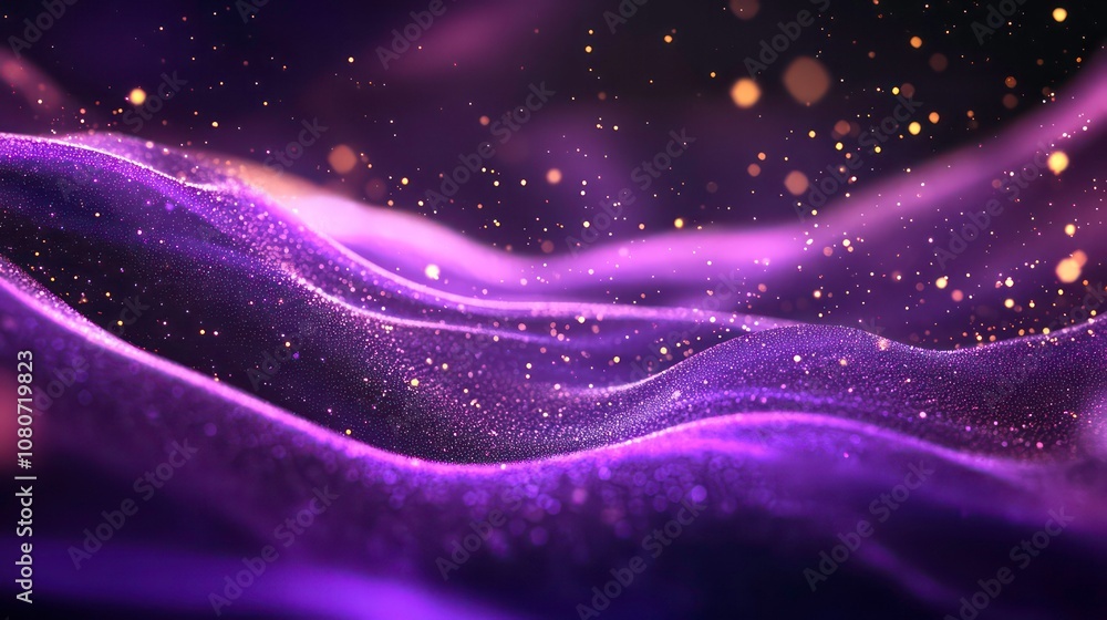 Poster a purple particles abstract background with stars and waves of light.