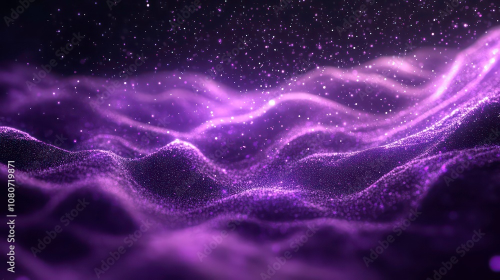 Poster a purple particles abstract background with stars and waves of light.