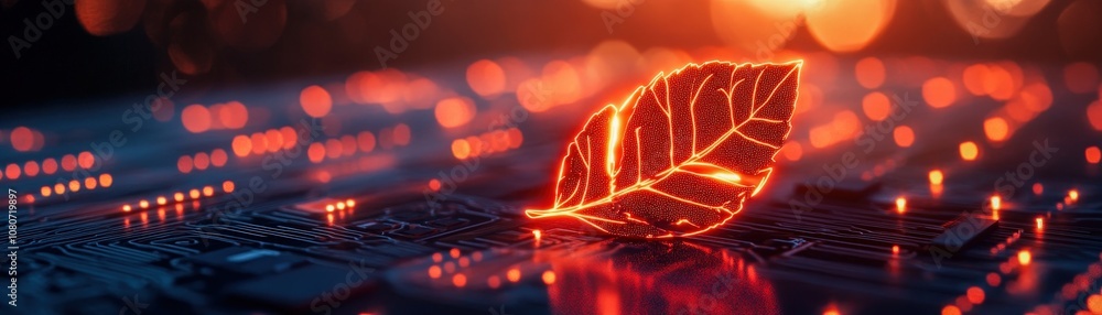 Poster nature-inspired computer chip with leaf patterns, blending ecology with modern technology