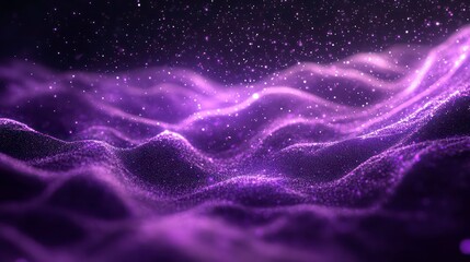 A purple particles abstract background with stars and waves of light.