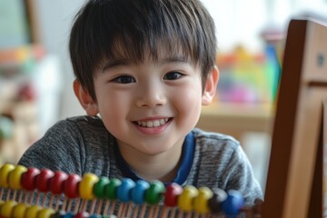 A young boy smiling and concentrating while using an abacus in a bright educational environment