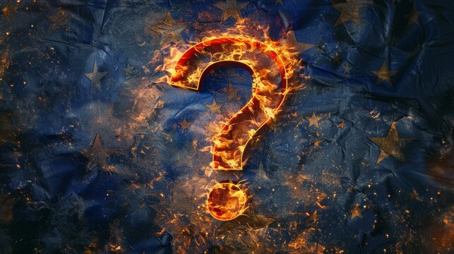 The artwork features a burning question mark on a wrinkled European Union flag, representing the current challenges and uncertainties in Europe