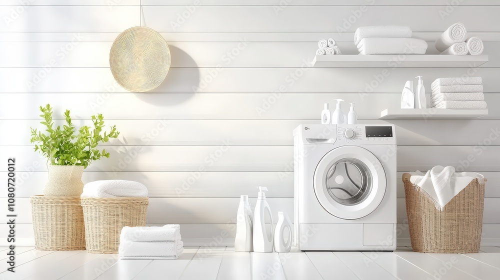 Poster white laundry machine in a minimalistic laundry setup, accompanied by baskets and detergent for a cl