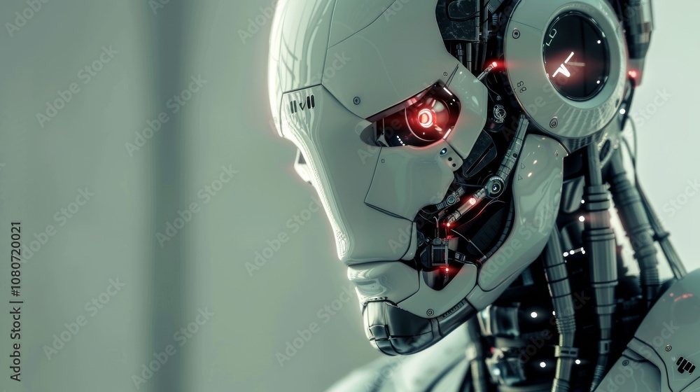 Poster a robot with red eyes and a white face. the robot has a clock on its head. the robot is wearing a wh