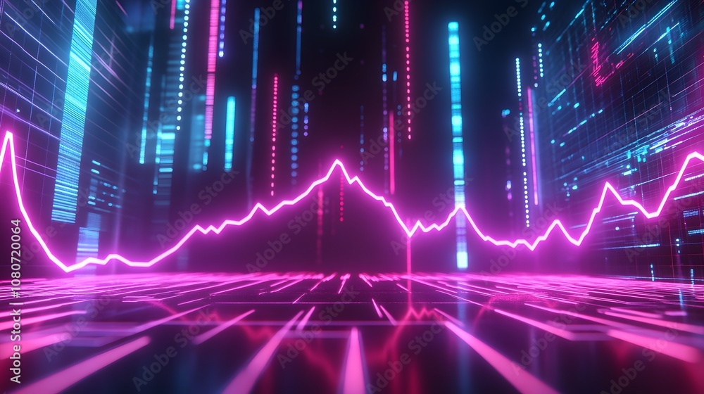 Poster an abstract representation of collapsing digital charts and graphs, set against a neon-lit, futurist