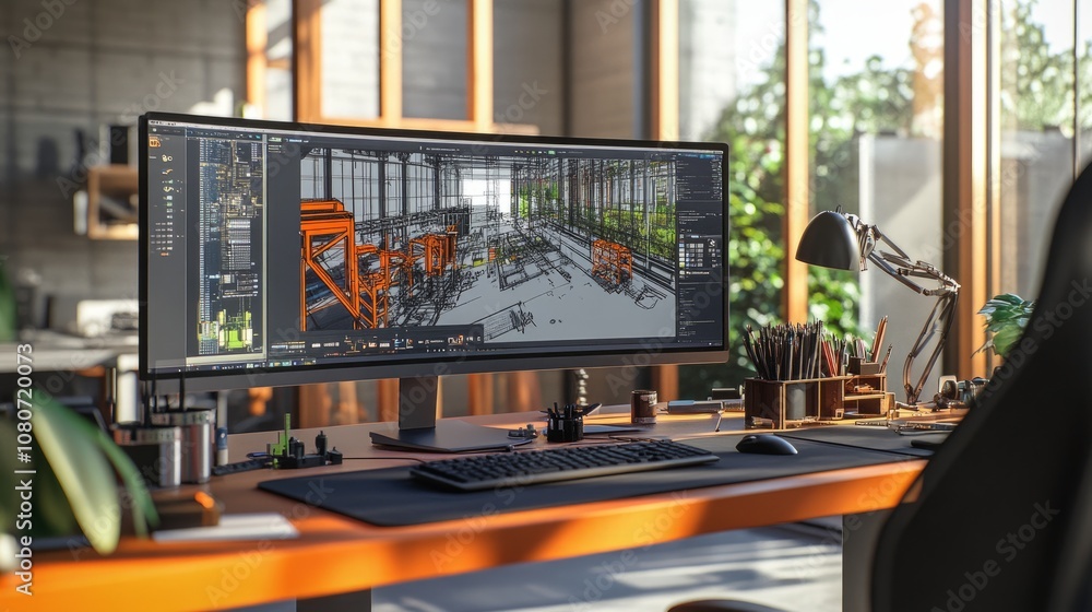 Poster close-up of an engineer's workstation with a 3d cad model displayed on a high-resolution screen.