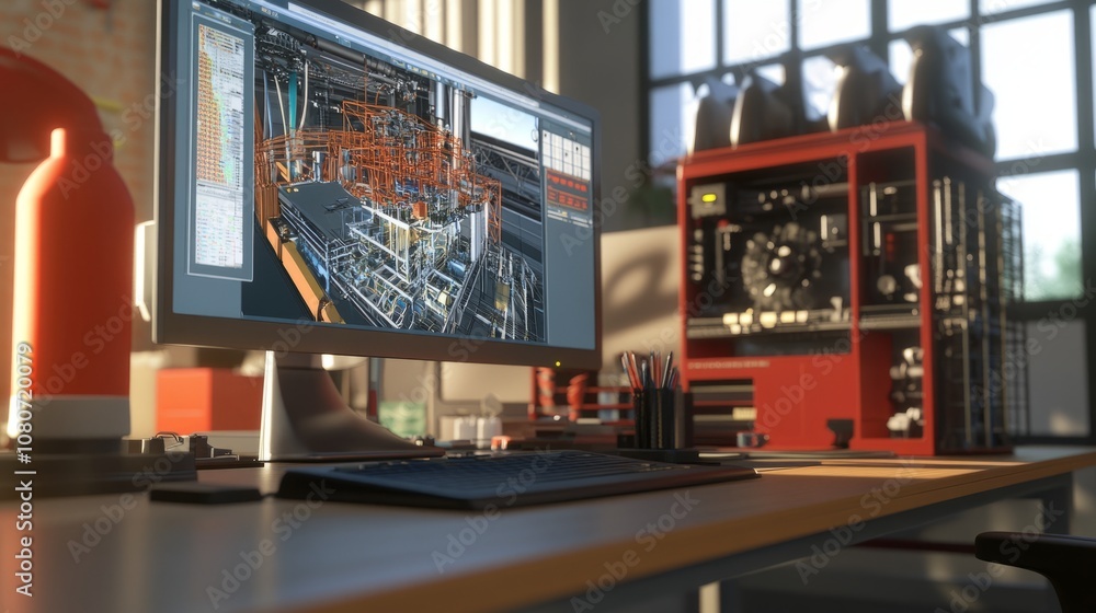 Poster close-up of an engineer's workstation with a 3d cad model displayed on a high-resolution screen.