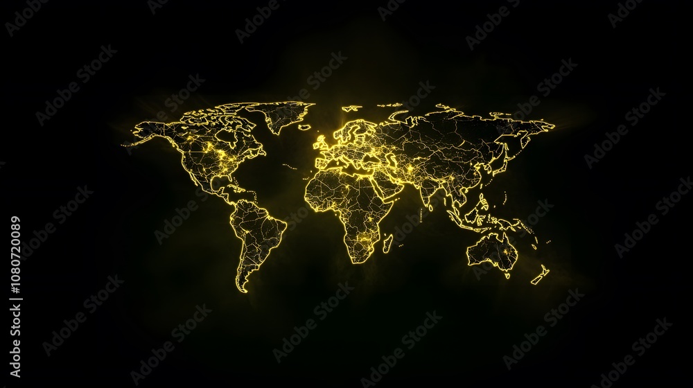 Poster a broken global network map illuminated by fading neon lights, symbolizing a fractured global econom
