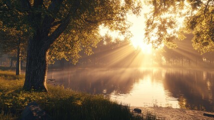 Obraz premium Tranquil lake landscape at sunset with golden sunlight streaming through trees