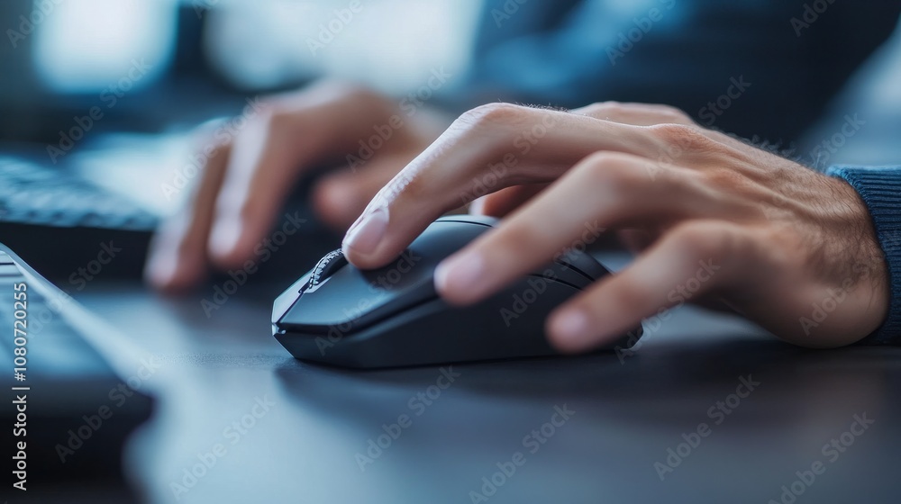 Poster close-up of engineer's hands using a mouse and keyboard to work on a 3d cad design in a modern offic