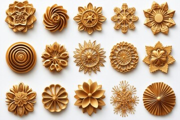 hyper realistic photo of  Set of gold christmas snowflakes on white background. AI generated , isolated on white background,  , copy space, copy space for text,