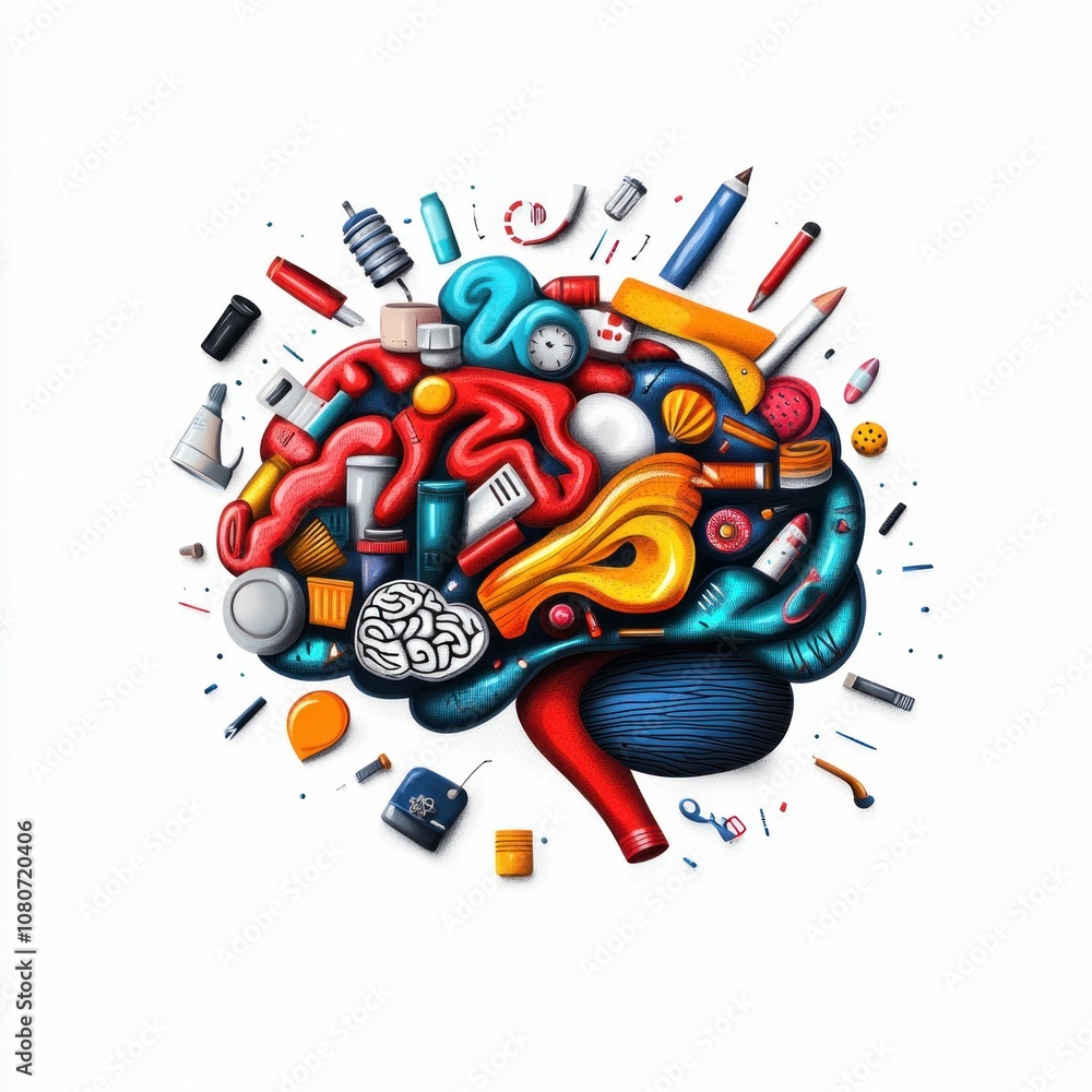 Aufkleber creative brain shape composed of colorful objects and tools