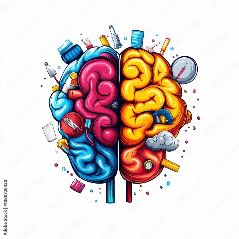 Aufkleber creative brain shape composed of colorful objects and tools