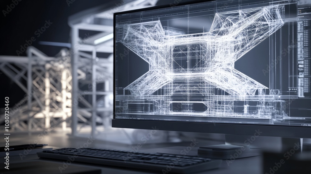 Poster detailed view of a cad workstation, engineer designing a complex 3d structure with precise measureme