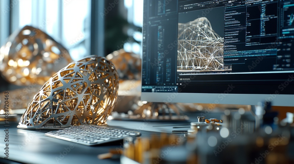 Poster detailed view of a cad workstation, engineer designing a complex 3d structure with precise measureme