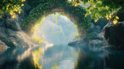 Fototapeta premium A tranquil cave scene with lush greenery and calm water reflecting the surrounding nature.