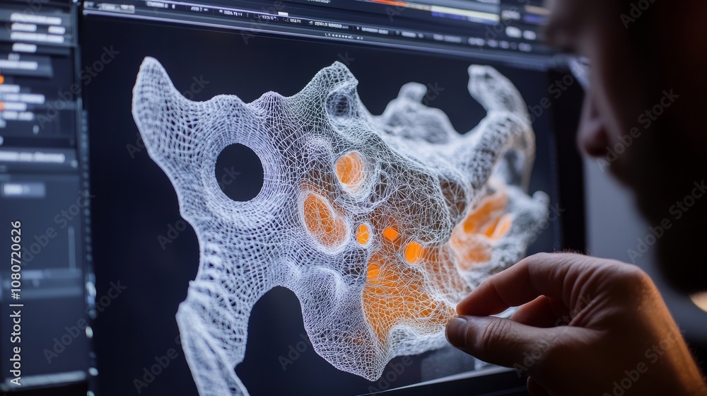 Poster engineer adjusting parameters on cad software for a 3d model design, screen displaying intricate sha