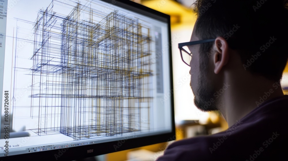 Poster engineer designing complex 3d models on cad software, with detailed wireframe structures on the scre