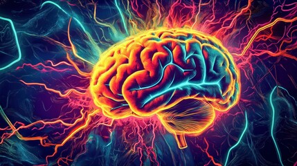 Glowing Neon Brain with Electric Energy Lines in Abstract Style