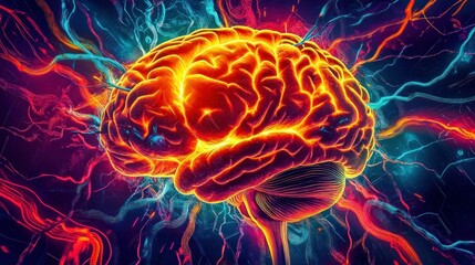 Glowing Neon Brain with Electric Energy Lines in Abstract Style