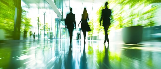 Business Professionals Walking Together in Modern Office Space Surrounded by Lush Greenery, Reflective Floors, and Bright Natural Light