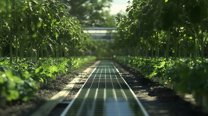 A sustainable farm with solar panels powering rows of organic crops, highlighting the integration of technology and eco-friendly farming practices. Cinematic Scene, 4k resolution, cinematic scene