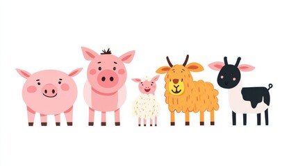 Obraz premium A delightful gathering of farm animals features a mother pig with her piglet a sheep with its lamb and a cow with her calf all set against a bright backdrop showcasing their bond.