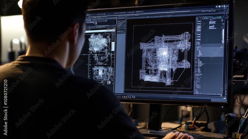 Poster engineer focused on fine-tuning a 3d model in cad software, with a high-tech monitor displaying a de