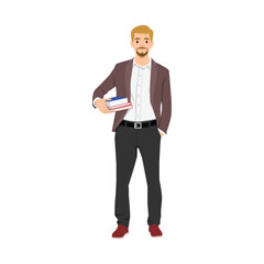 Cheerful professor carrying books to the classroom. Flat vector illustration isolated on white background