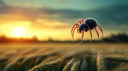 A stunning spider weaving its intricate web in a golden sunset over a wheat field, showcasing nature's beauty and precision.