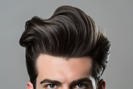 Close up of a fashionable man with a perfectly styled pompadour hairstyle, showcasing modern barbering techniques