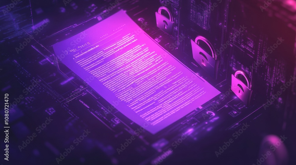 Poster abstract visualization of a digital document in a futuristic technological environment.
