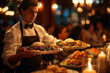 A waiter in formal attire carries two beautifully plated dishes filled with colorful food while guests dine in a warm, candlelit setting, creating an inviting and festive atmosphere