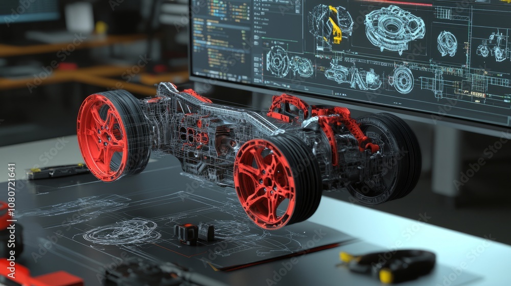 Poster engineer working on a 3d cad design for automotive parts, with the model showing complex components 