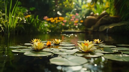 A natural pond with water lilies and ducks swimming, promoting the preservation of native ecosystems. Cinematic Scene, 4k resolution, cinematic scene © cynz