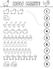 Count and match black and white activity page for kids with cute farm objects and animals. How many puzzle game template in outline. Vector illustration