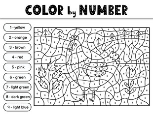 Color by number black and white activity page for kids with a cute hen. Farm animal scene puzzle game in outline for school and preschool. Vector illustration