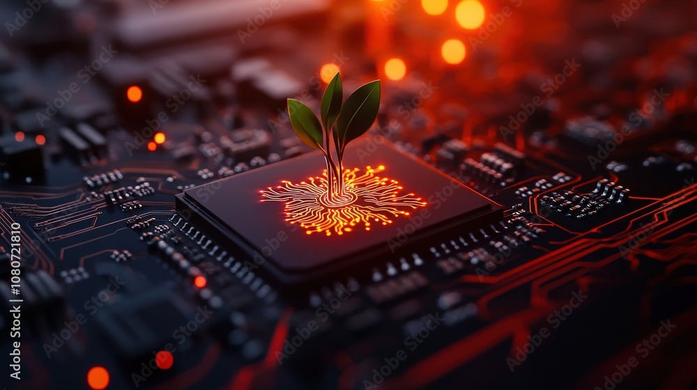 Poster conceptual image of a motherboard with roots instead of wires, symbolizing sustainable tech