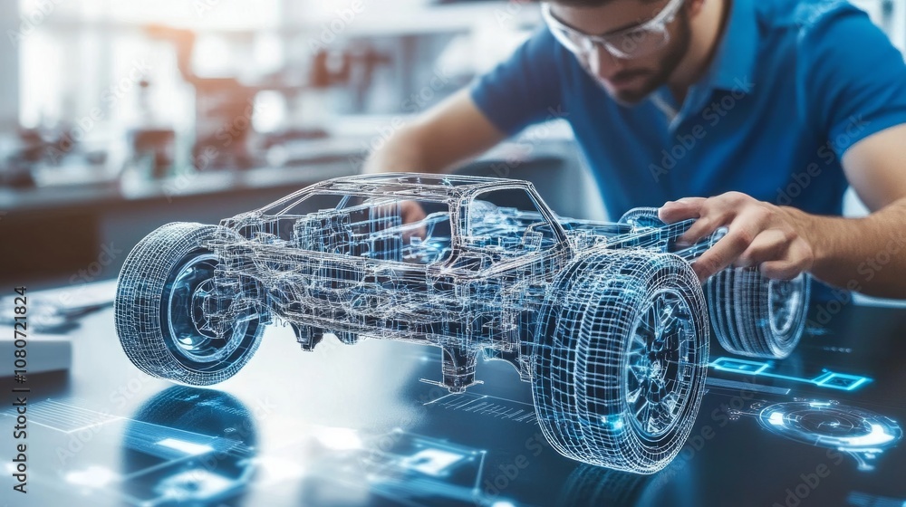 Poster engineer working on a 3d cad design for automotive parts, with the model showing complex components 