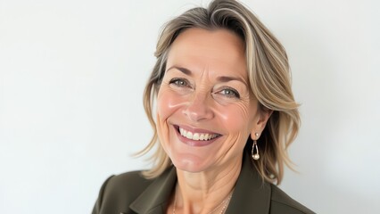 Portrait of a smiling stylish mature women, looking at camera, happy face, neutral background for cutout, horizontal