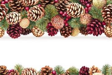 Fototapeta premium seamless of A Christmas tree with pine cones and berries , isolated on white background, , copy space, copy space for text,
