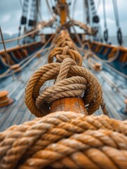 Obraz premium The rigging rope curves elegantly around the wooden mast revealing its textured surface and the artistry of marine craftsmanship under a moody sky.