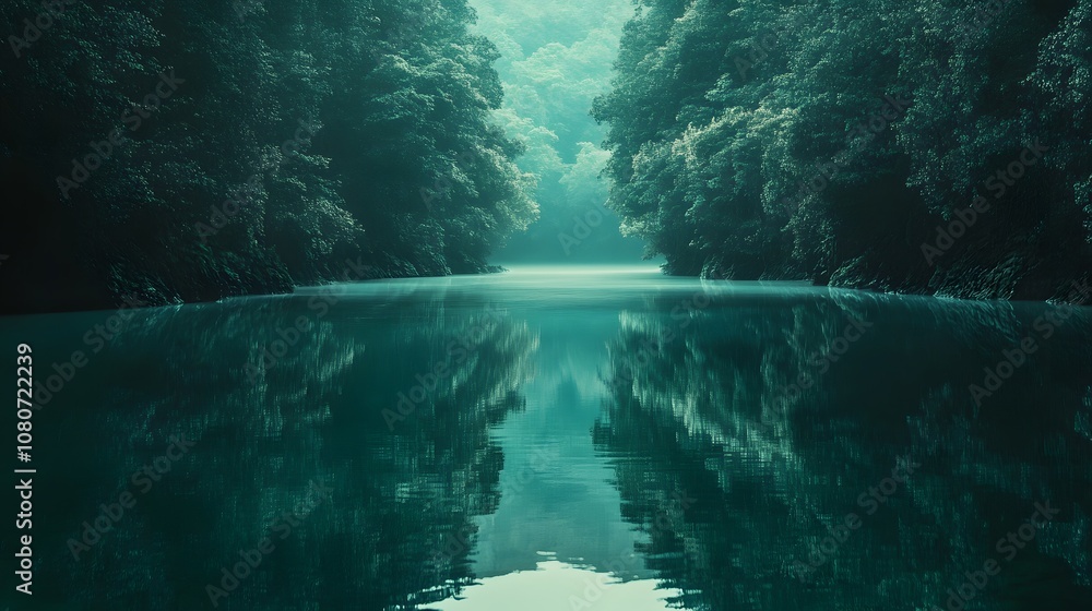 Poster a symmetrical view of a winding river flowing through a dense, emerald-green forest with perfect ref