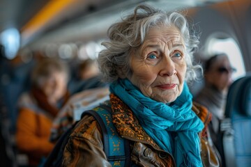 Obraz premium An older woman with bright blue eyes and curly hair wears a vibrant scarf while sitting on an airplane. Passengers can be seen in the background as she prepares for travel