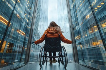 A young girl in a wheelchair looks out from a glass elevator, observing the bustling city scenery outside. Tall buildings reflect sunlight, creating a vibrant urban atmosphere