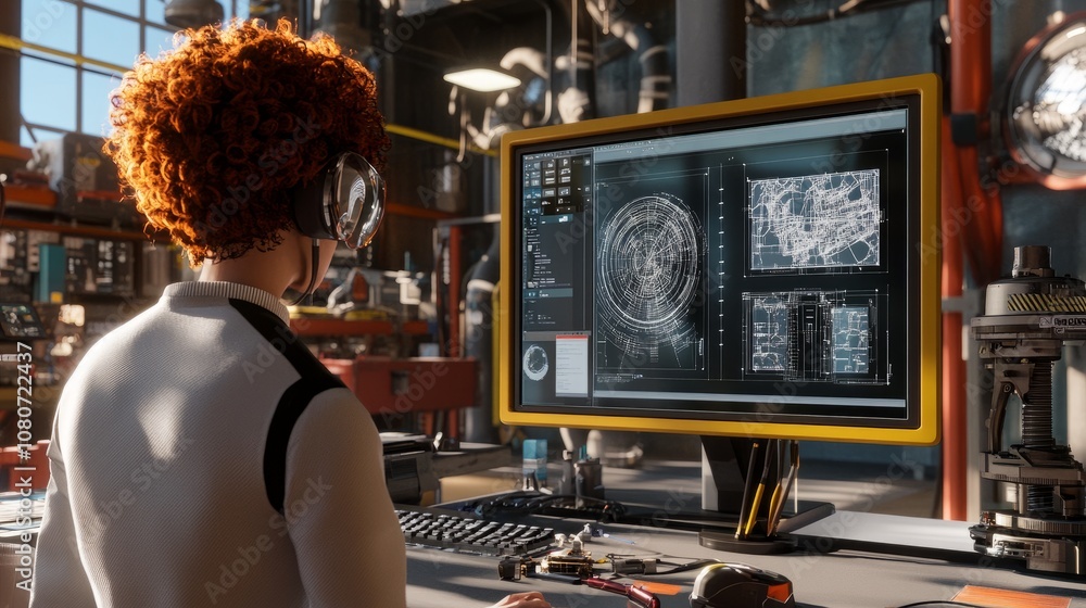 Poster focused engineer viewing 3d model details on cad software, in a high-tech workspace filled with engi