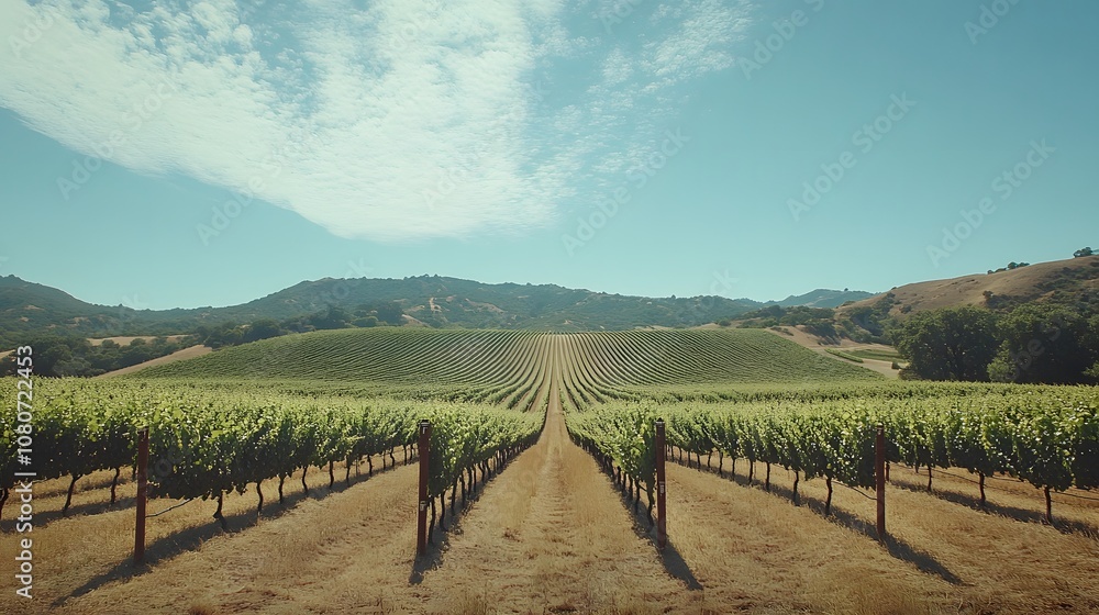 Poster an expansive landscape of a sprawling vineyard, rows of grapevines stretching symmetrically across r
