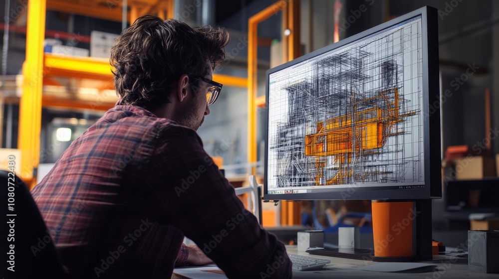 Poster focused engineer viewing 3d model details on cad software, in a high-tech workspace filled with engi