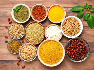 colorful array of various spices and seeds arranged in bowls on a wooden surface